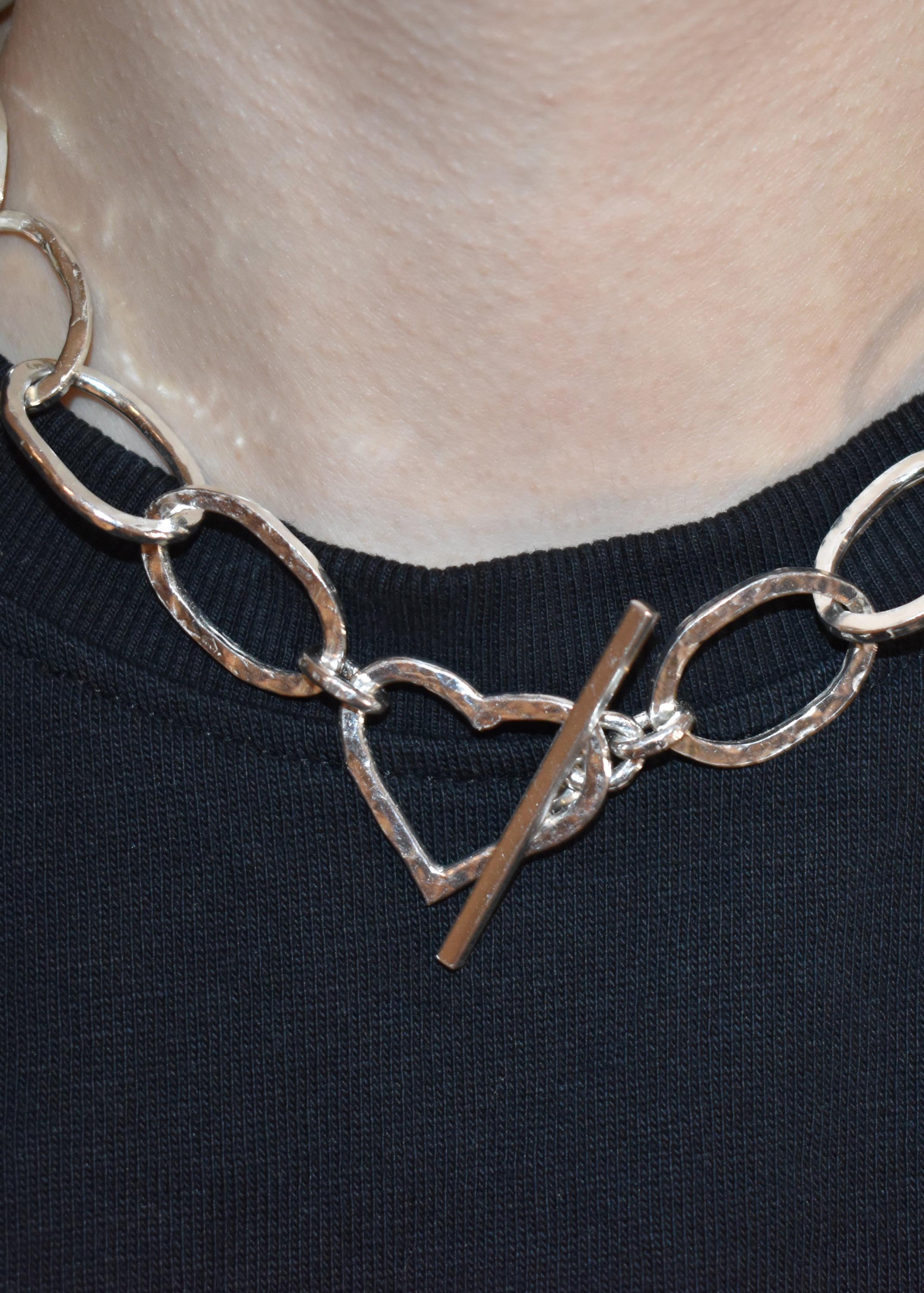 Heart Link T-Bar Necklace Sterling Silver