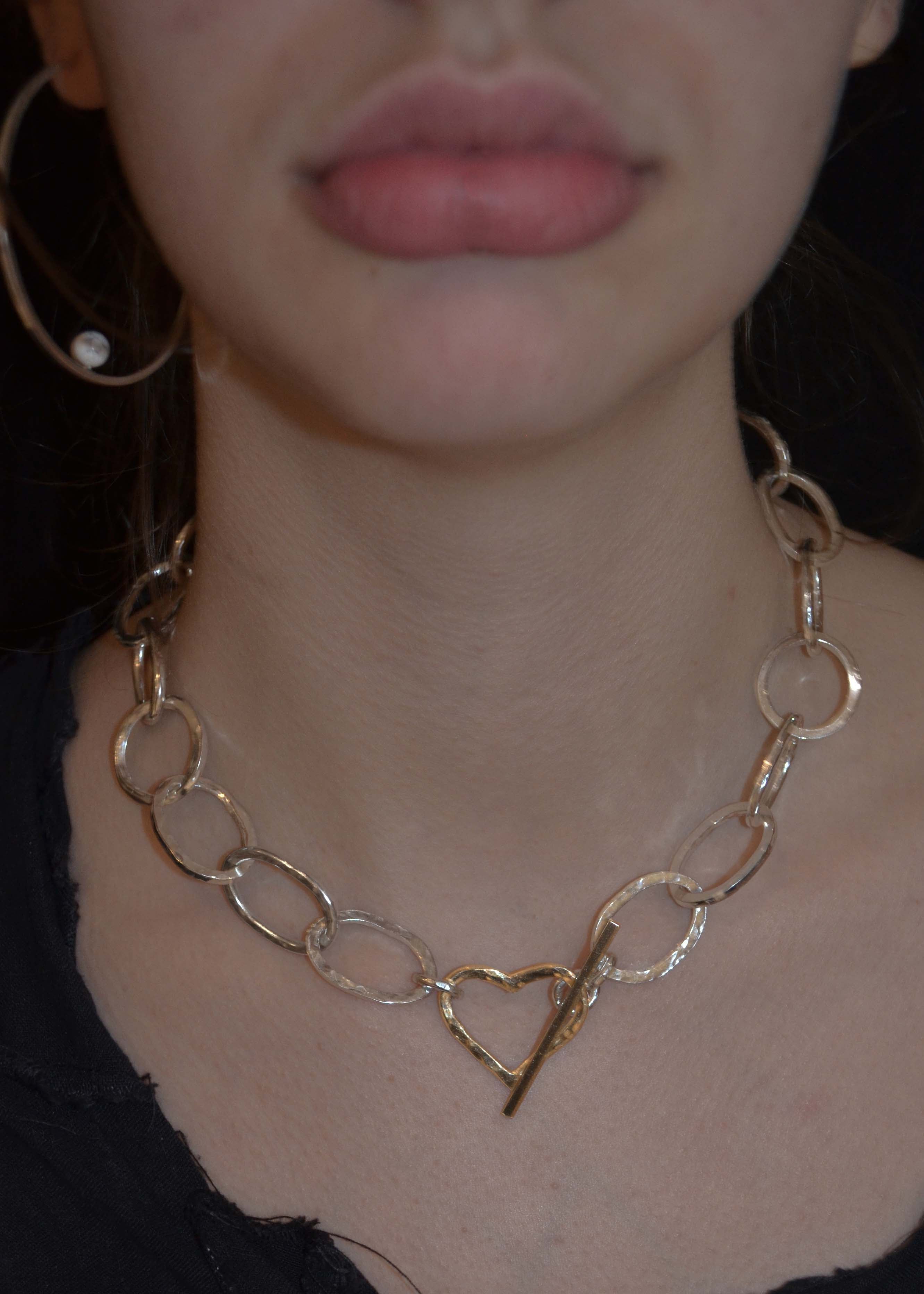 Heart Link T-Bar Necklace Sterling Silver/9ct Gold